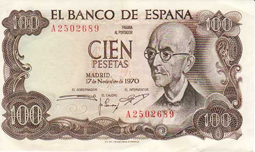 España. Billete de 100 pesetas con la imagen de Manuel de Falla