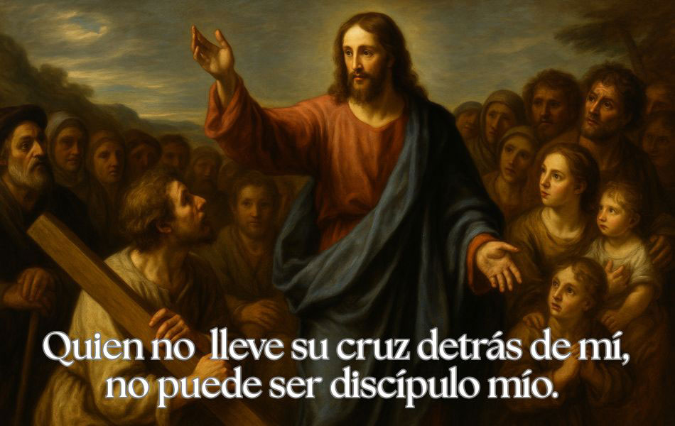 Quien no  lleve su cruz detrás de mí, no puede ser discípulo mío.