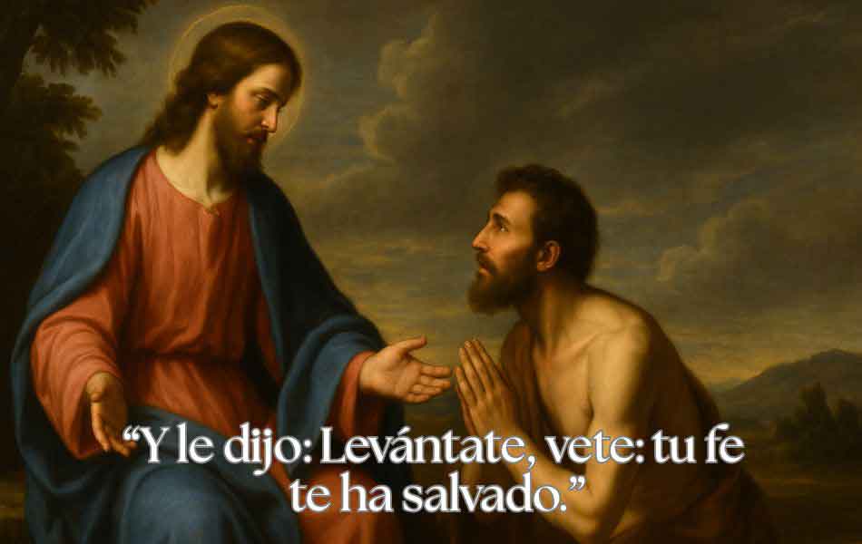 Y le dijo: Levántate, vete: tu fe te ha salvado.