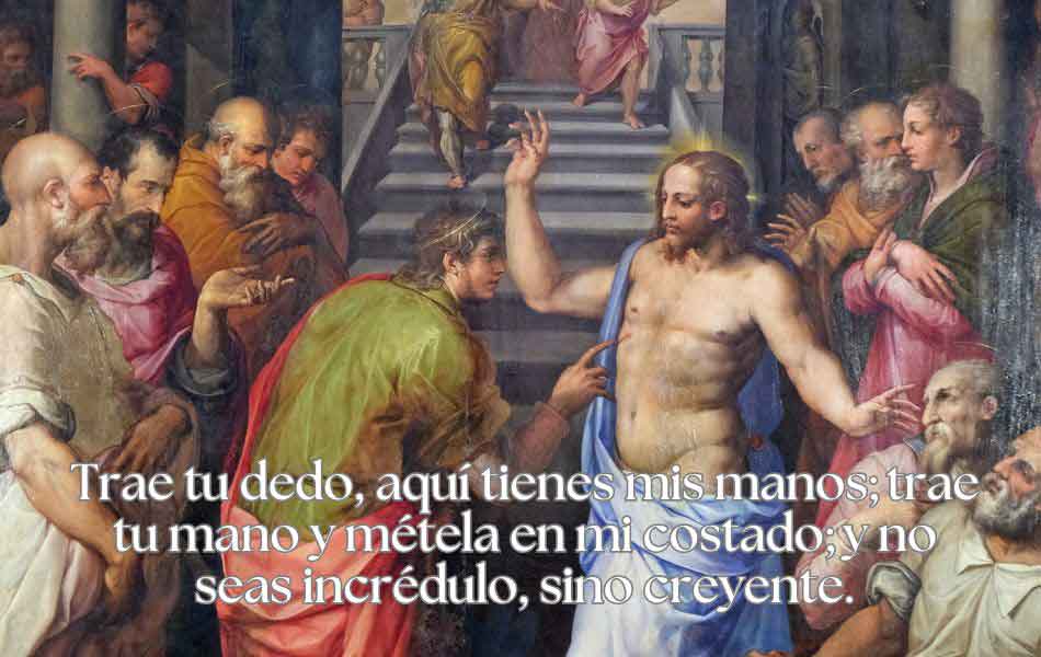 Trae tu dedo, aquí tienes mis manos; trae tu mano y métela en mi costado; 